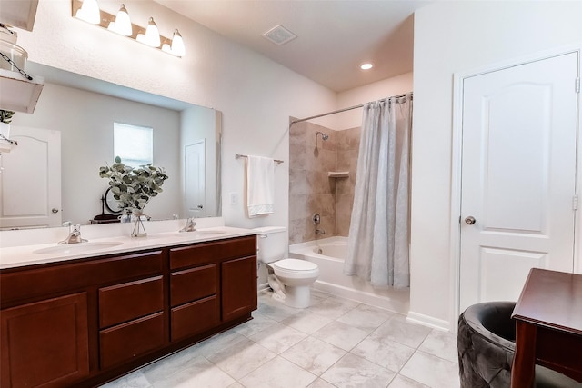 full bathroom with toilet, vanity, and shower / bathtub combination with curtain