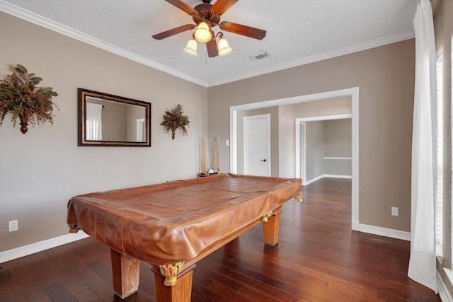 playroom with dark wood-type flooring, billiards, crown molding, and ceiling fan