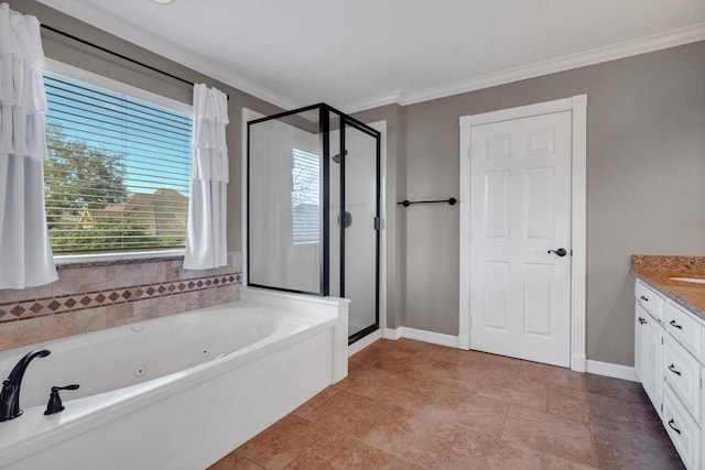 bathroom with vanity, ornamental molding, and separate shower and tub