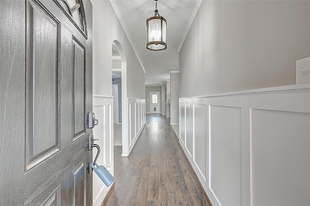 hallway featuring dark wood-type flooring and ornamental molding