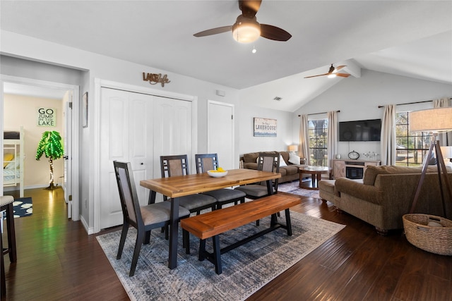 1382 Indian Hill Blvd, Livingston, TX 77351 - dining area featuring ceiling fan, visible vents, vaulted ceiling with beams, baseboards, and dark wood-style flooring