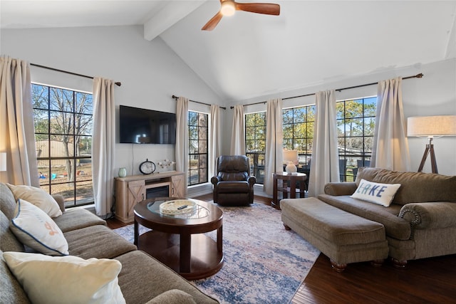 1382 Indian Hill Blvd, Livingston, TX 77351 - living area featuring high vaulted ceiling, wood finished floors, a glass covered fireplace, ceiling fan, and beam ceiling