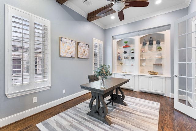 office with ornamental molding, ceiling fan, dark hardwood / wood-style flooring, and built in shelves