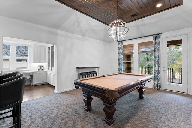 recreation room featuring dark carpet, a chandelier, wood ceiling, and billiards