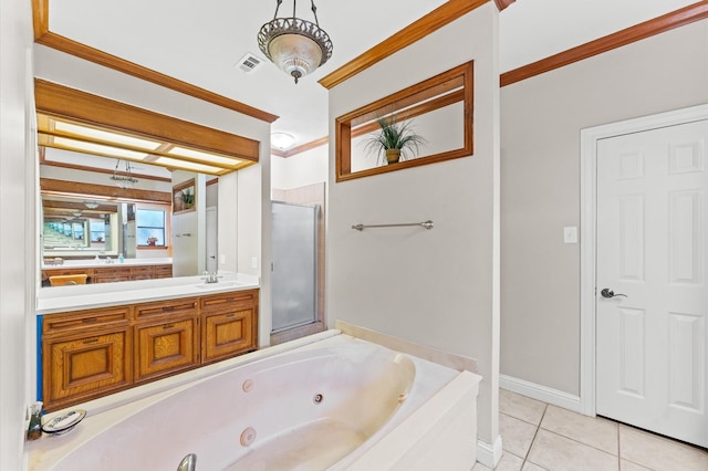 bathroom with tile patterned flooring, shower with separate bathtub, ornamental molding, and vanity