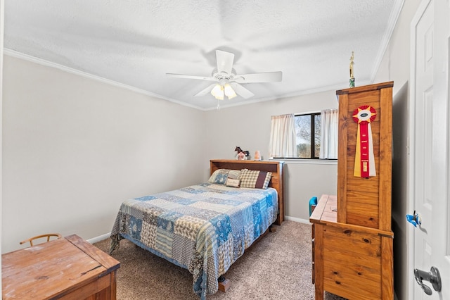 bedroom with ceiling fan, crown molding, a textured ceiling, and carpet flooring