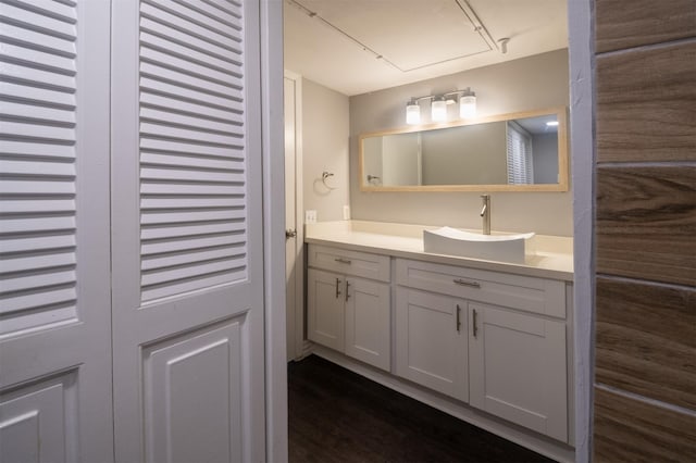 bathroom with vanity and wood-type flooring