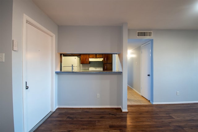 kitchen featuring white refrigerator, dark hardwood / wood-style flooring, kitchen peninsula, and stove