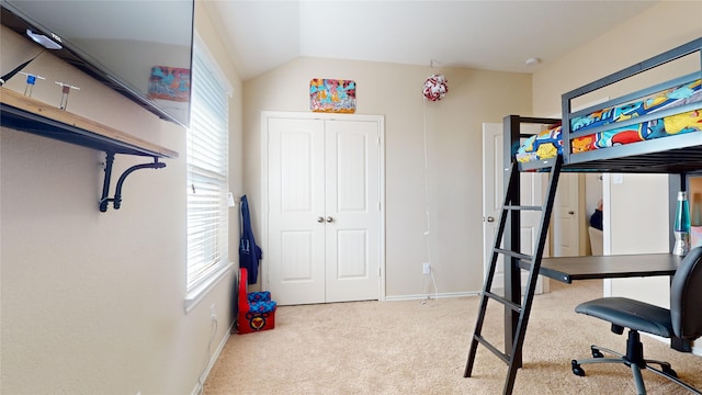 carpeted bedroom featuring multiple windows, vaulted ceiling, and a closet