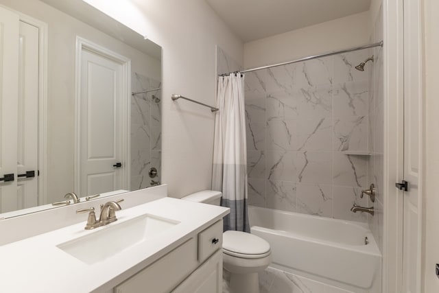 full bathroom with vanity, shower / tub combo, and toilet