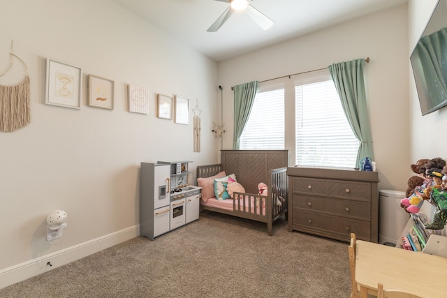 carpeted bedroom featuring ceiling fan