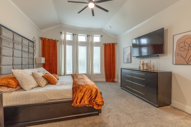 bedroom featuring ceiling fan, light colored carpet, ornamental molding, and vaulted ceiling