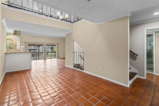 unfurnished living room with crown molding, a high ceiling, a notable chandelier, a textured ceiling, and tile patterned floors