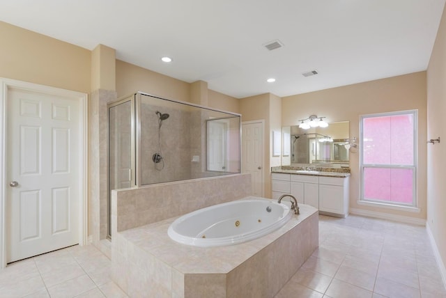 bathroom featuring vanity, separate shower and tub, and tile patterned flooring