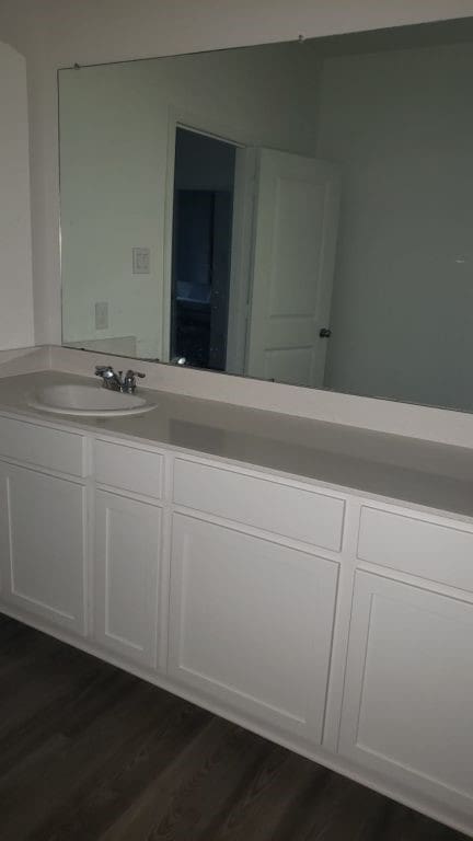 bathroom with vanity and hardwood / wood-style flooring