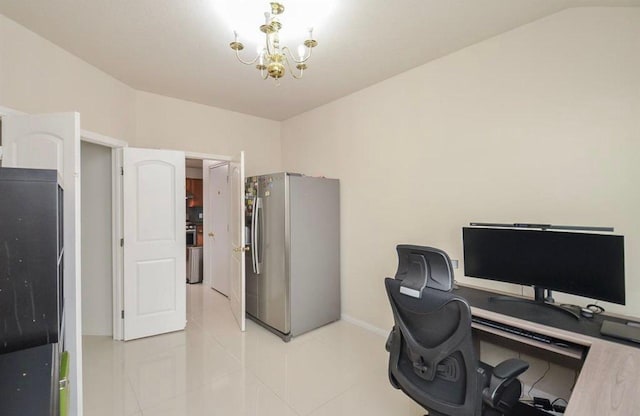 tiled office with a chandelier