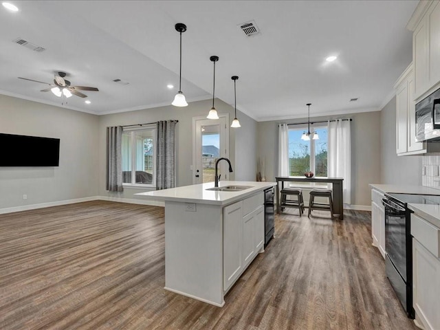 kitchen with white cabinetry, a center island with sink, and black range with electric cooktop