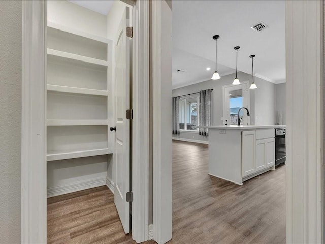 kitchen featuring crown molding, light hardwood / wood-style flooring, dishwasher, white cabinetry, and decorative light fixtures