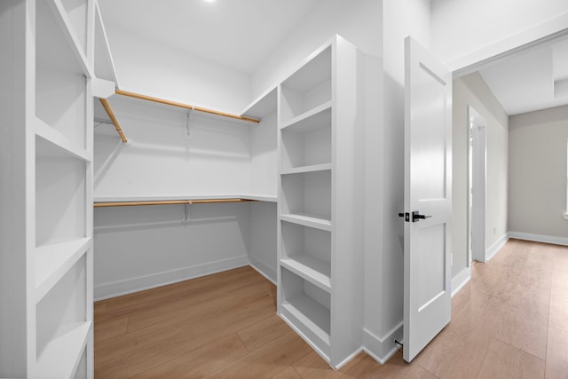 walk in closet with light hardwood / wood-style floors