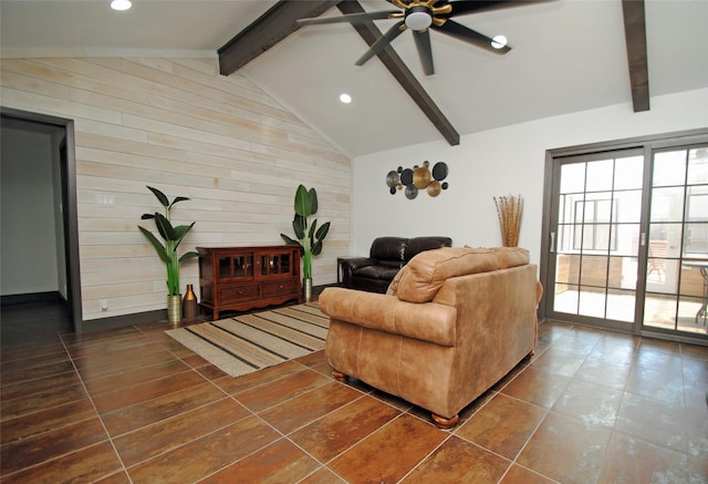 living room with vaulted ceiling with beams and ceiling fan