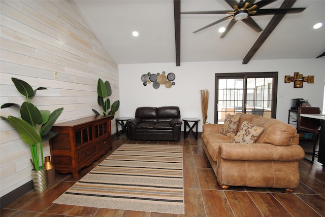 living room featuring dark hardwood / wood-style flooring, vaulted ceiling with beams, and ceiling fan