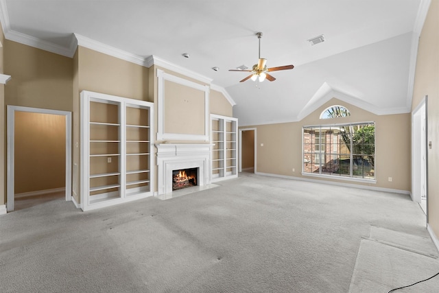 unfurnished living room featuring ceiling fan, light colored carpet, ornamental molding, and lofted ceiling