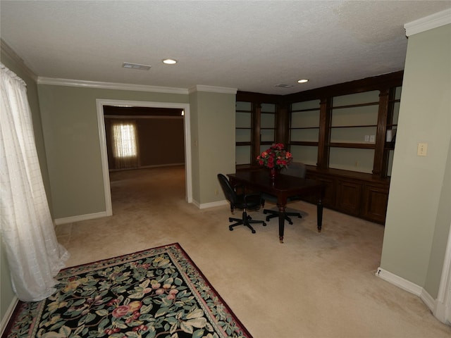 office featuring crown molding, light colored carpet, and a textured ceiling