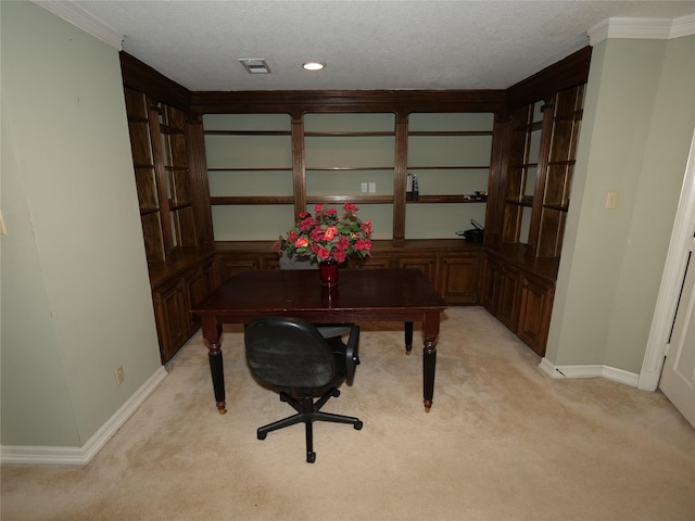 carpeted office with ornamental molding and a textured ceiling