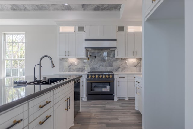 kitchen featuring glass insert cabinets, white cabinets, and high end black range