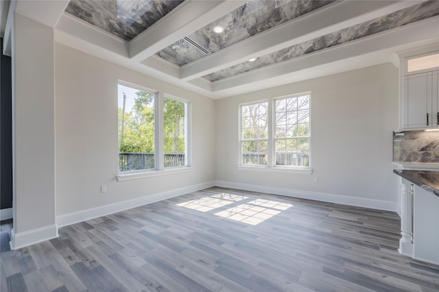 unfurnished dining area with baseboards and wood finished floors