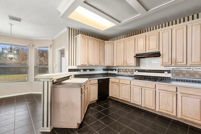 kitchen featuring dishwasher, decorative backsplash, stainless steel gas cooktop, decorative light fixtures, and kitchen peninsula