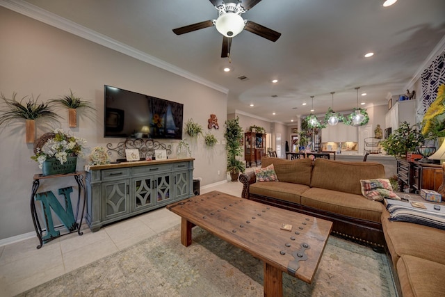 tiled living room featuring crown molding and ceiling fan