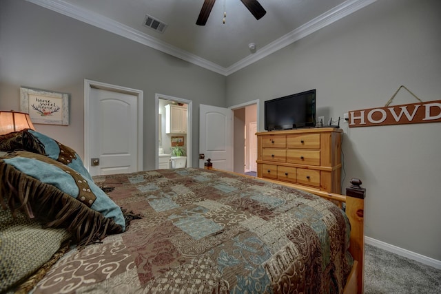 bedroom with ornamental molding, carpet, ensuite bathroom, and ceiling fan