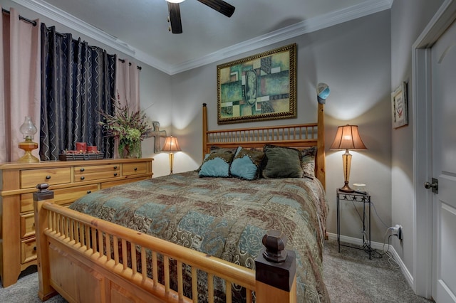 bedroom with ornamental molding, ceiling fan, and carpet flooring