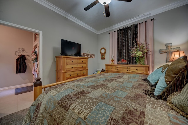 tiled bedroom with crown molding and ceiling fan