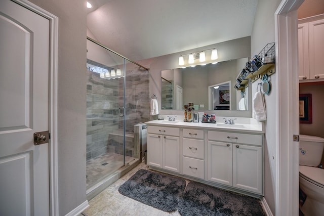 bathroom featuring vanity, toilet, and an enclosed shower