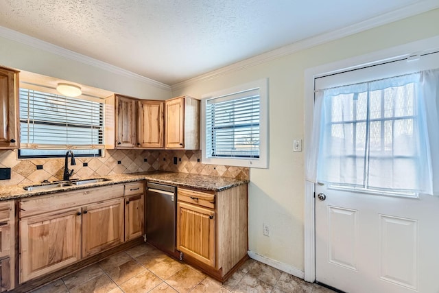 kitchen featuring stone counters, sink, backsplash, ornamental molding, and stainless steel dishwasher