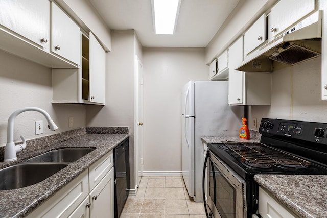 kitchen with sink, light tile patterned floors, range, black dishwasher, and white cabinets