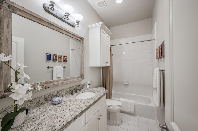 full bathroom featuring tile patterned flooring, shower / washtub combination, vanity, and toilet