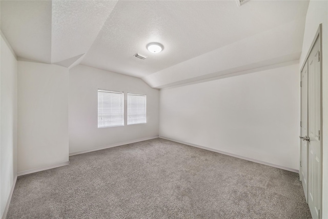 interior space with vaulted ceiling, carpet floors, and a textured ceiling