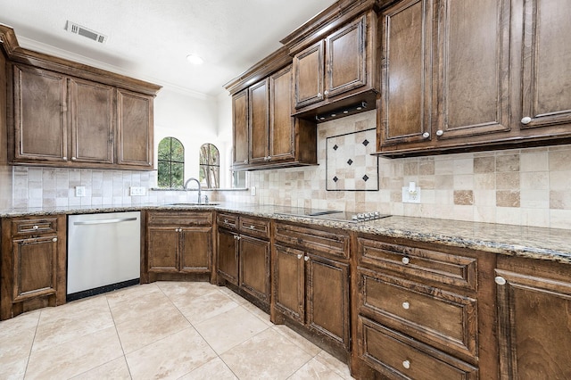 kitchen with sink, tasteful backsplash, black electric cooktop, dishwasher, and light stone countertops