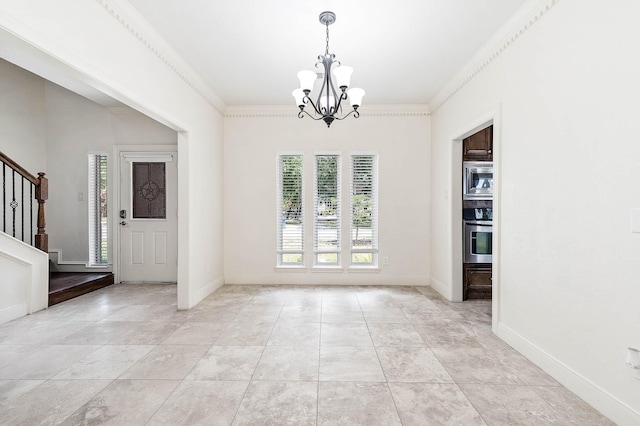 unfurnished dining area featuring light tile patterned floors, ornamental molding, and a chandelier