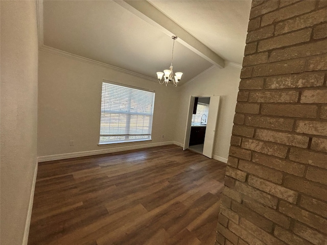 interior space with sink, dark hardwood / wood-style floors, ornamental molding, lofted ceiling with beams, and a chandelier