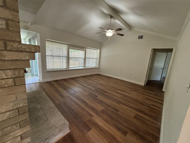 unfurnished living room with dark wood-type flooring, ceiling fan, ornamental molding, and lofted ceiling with beams