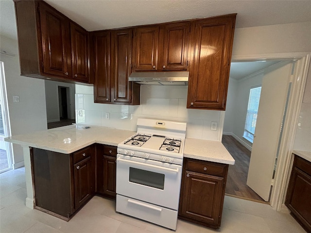 kitchen featuring tasteful backsplash, kitchen peninsula, dark brown cabinetry, and gas range gas stove