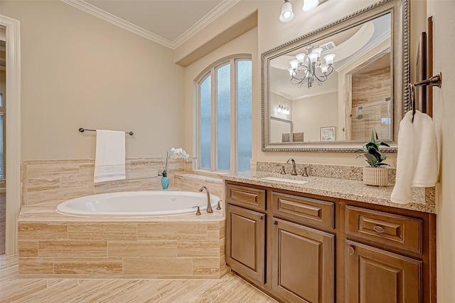 full bathroom with a garden tub, ornamental molding, and vanity