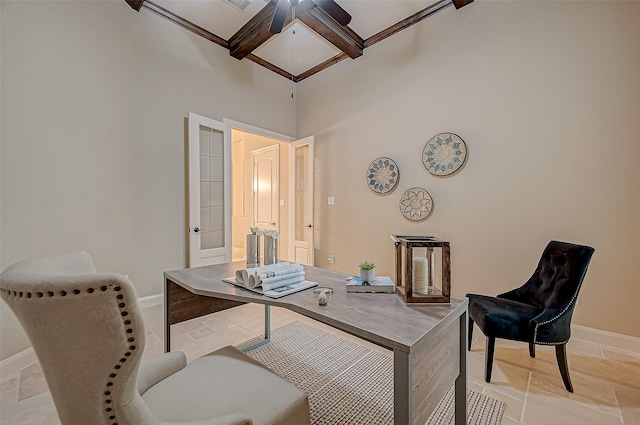 home office with beamed ceiling, coffered ceiling, and baseboards