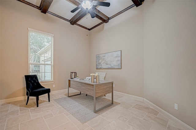 office with ceiling fan, baseboards, coffered ceiling, and beamed ceiling