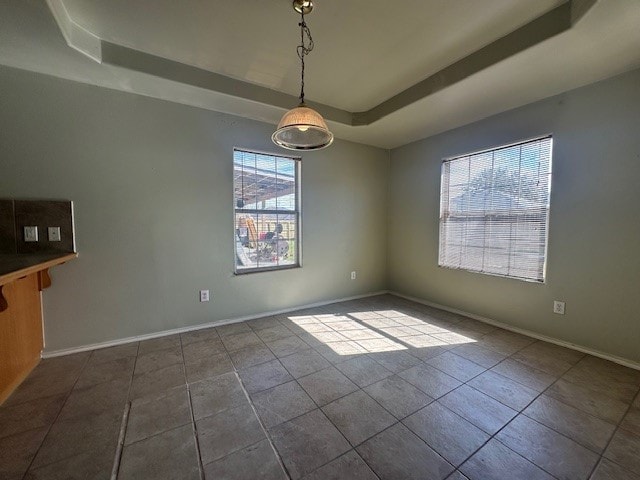 unfurnished dining area with a tray ceiling