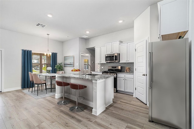 kitchen with white cabinetry, stainless steel appliances, sink, and a center island with sink